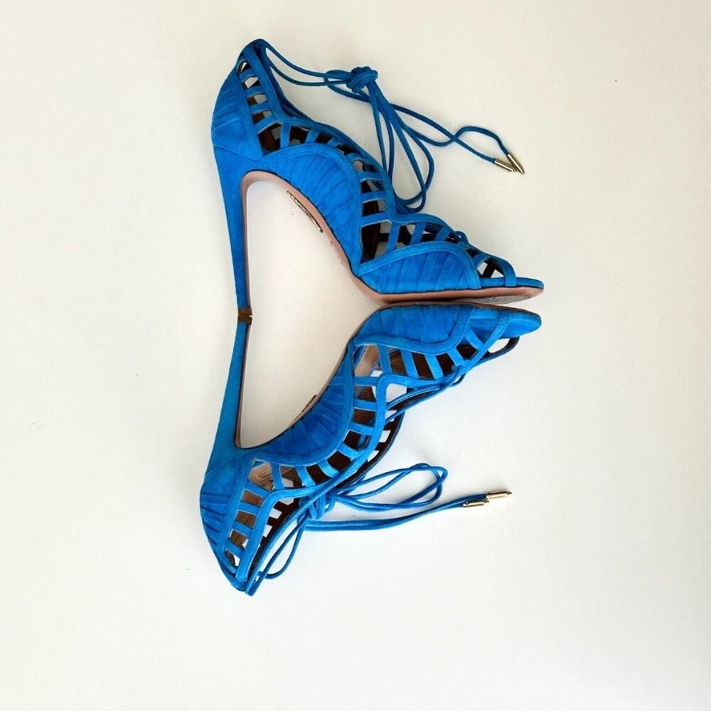AQUAZZURA Blue Suede Scalloped Cutout Ankle Wrap Sandals Heels Size 38.5 - Picture 4 of 11